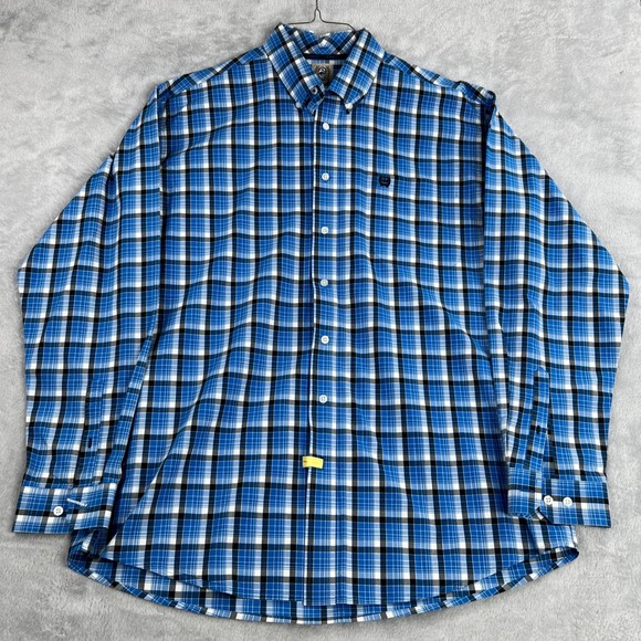 Cinch Other - Cinch Plaid Button Down Shirt L Blue Men Western Cowboy Long Sleeve Cotton